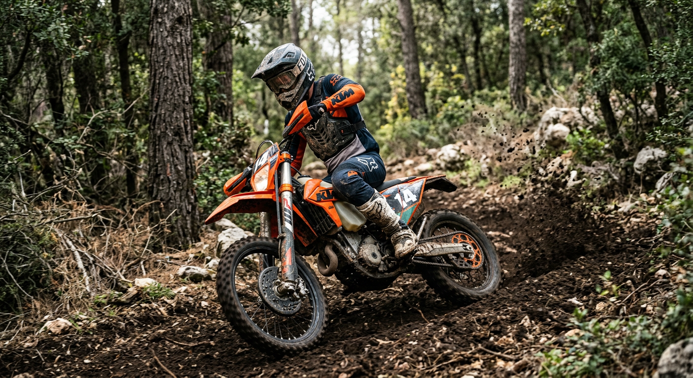 רוכב על אופנוע KTM 250 EXC-F בסינגל טכני ביער.