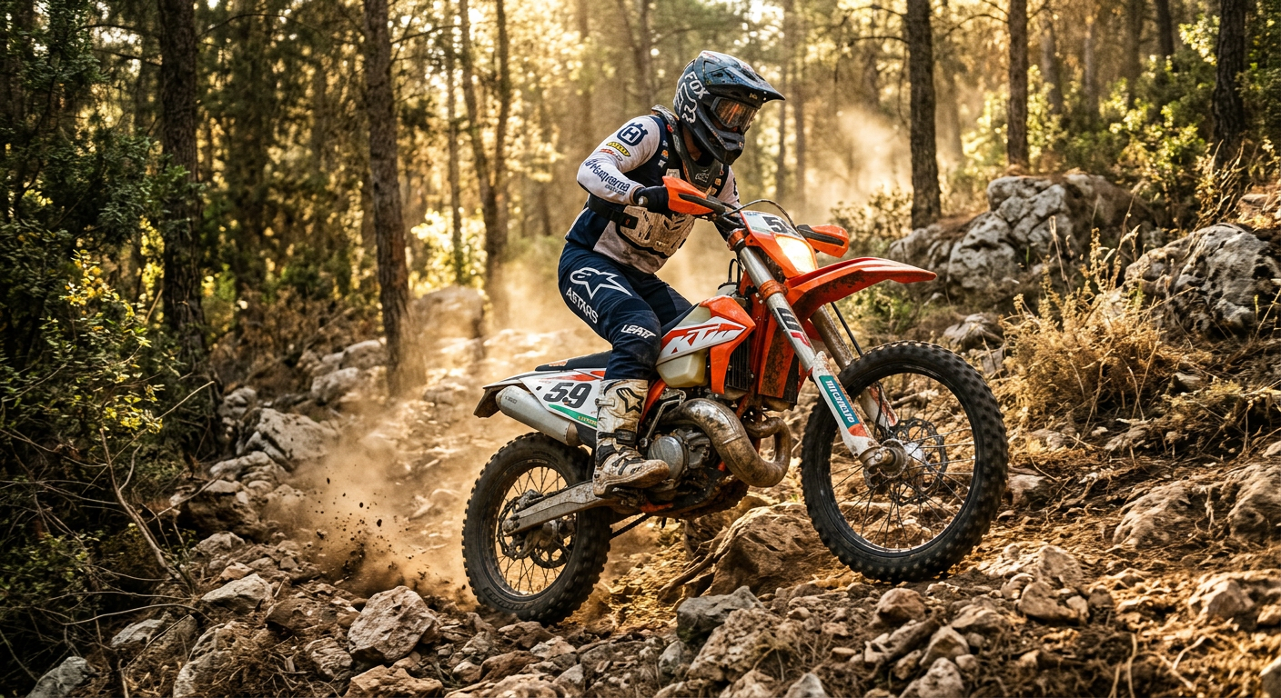 רוכב אנדורו עם אופנוע KTM על סינגל טכני וסלעי ביער בן שמן בזריחה.