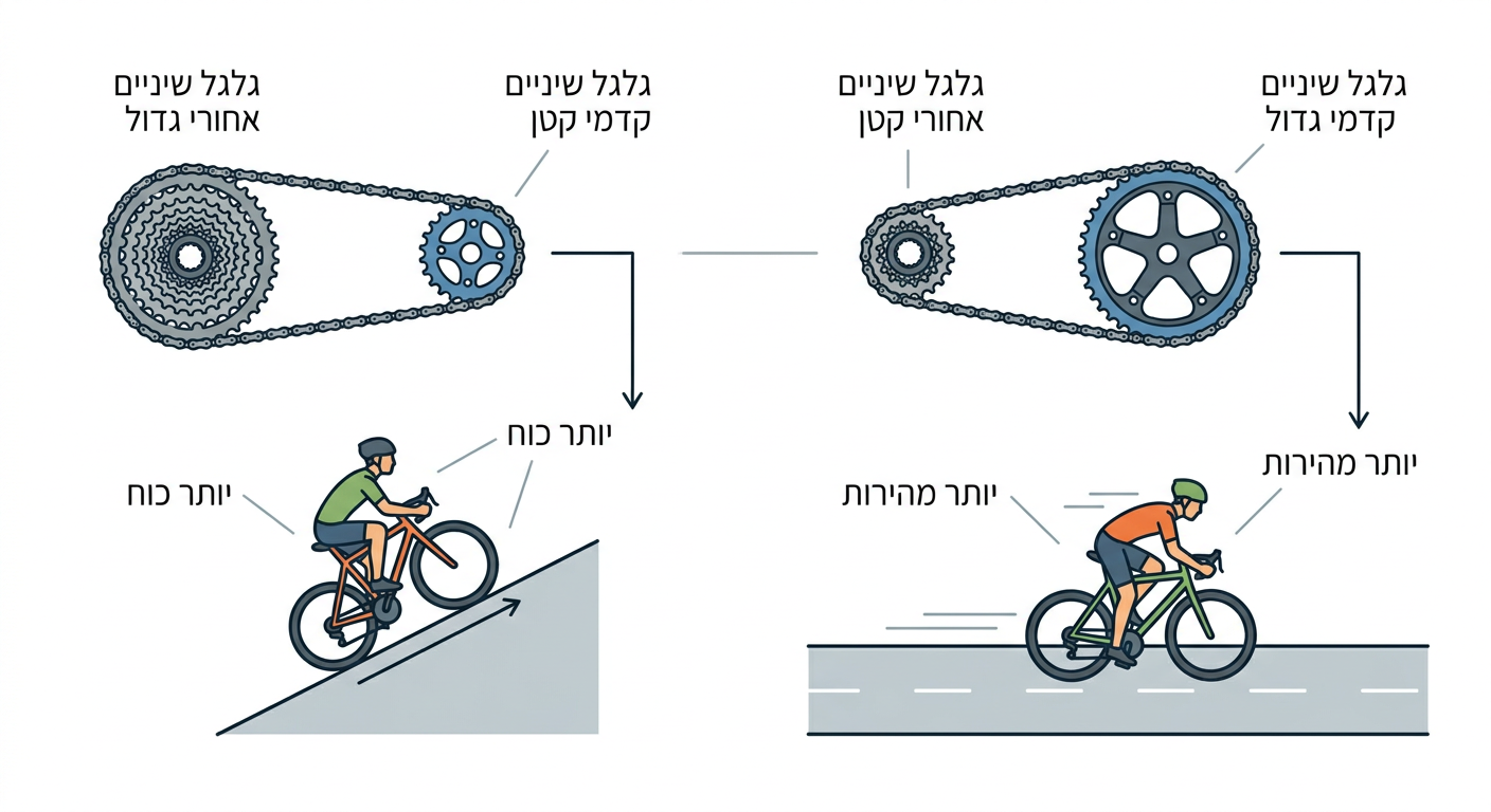 דיאגרמה הממחישה איך שינוי גלגלי שיניים משפיע על כוח מול מהירות