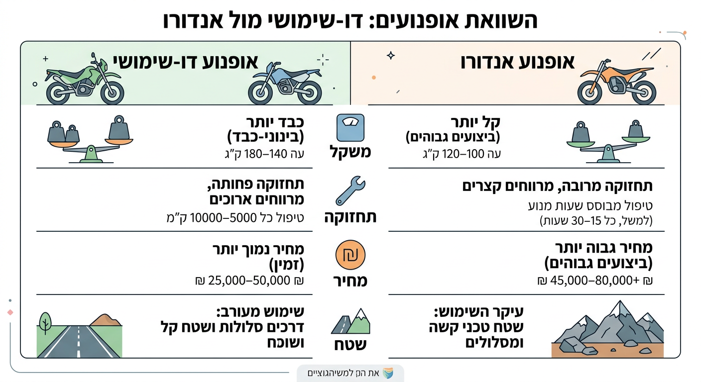 אינפוגרפיקה המשווה בין אופנוע דואל ספורט לאופנוע אנדורו במדדים של משקל, תחזוקה, מחיר ושימוש