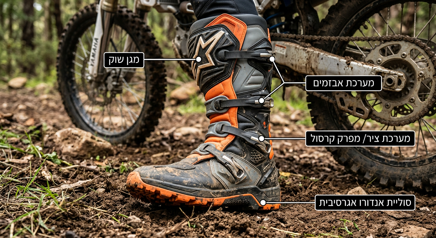 איור של מגף אנדורו מודרני עם חצים המצביעים על החלקים החשובים: מגן שוקה, אבזמים, מערכת ציר וסוליית אנדורו