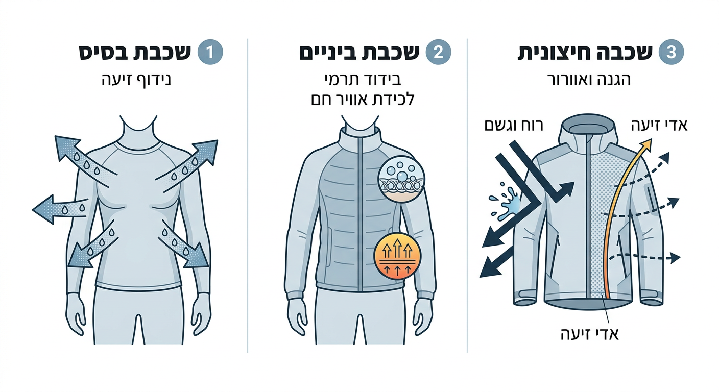 אינפוגרפיקה המדגימה את שיטת שלוש השכבות לביגוד חורף