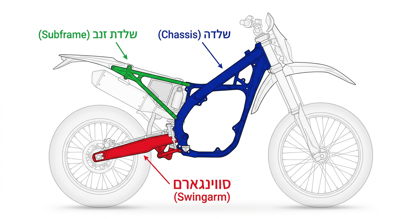 אינפוגרפיקה המדגימה את חלקי השלדה באופנוע אנדורו: שלדה ראשית, שלדת זנב וסווינגארם