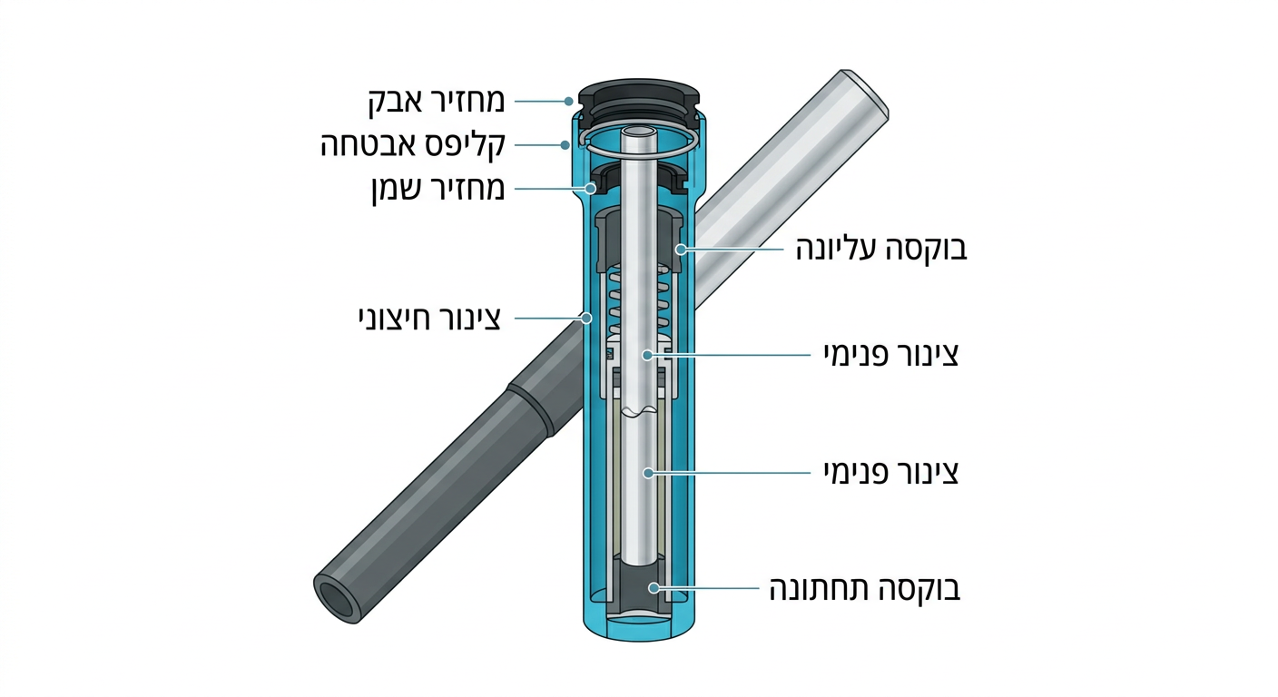 דיאגרמה של חתך בולם קדמי עם הסבר על מיקום מחזיר השמן, מחזיר האבק והבוקסות