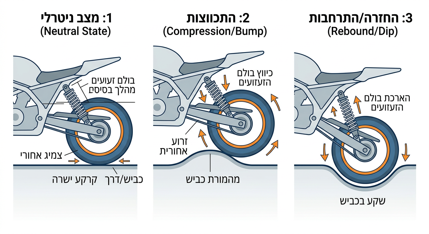 דיאגרמה הממחישה את תפקיד הסאג: שמירה על מגע הגלגל עם הקרקע במהמורות ובבורות
