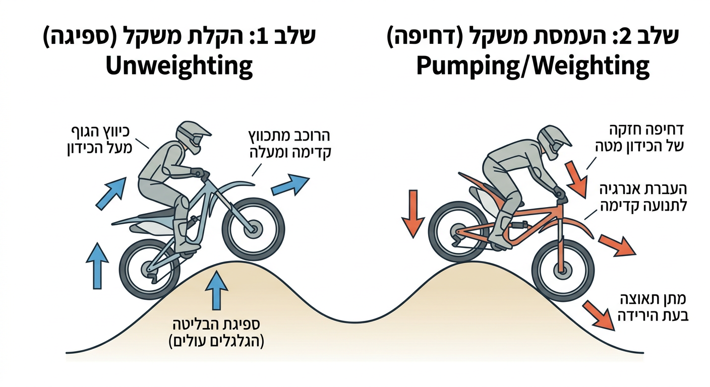 דיאגרמה הממחישה את שלבי הפאמפינג: הקלת משקל בעלייה ודחיפה (פאמפ) בירידה.