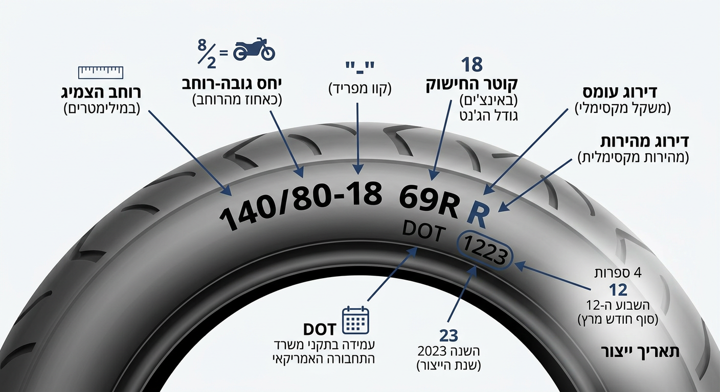 אינפוגרפיקה: הסבר על הסימונים והמספרים על דופן צמיג אופנוע שטח