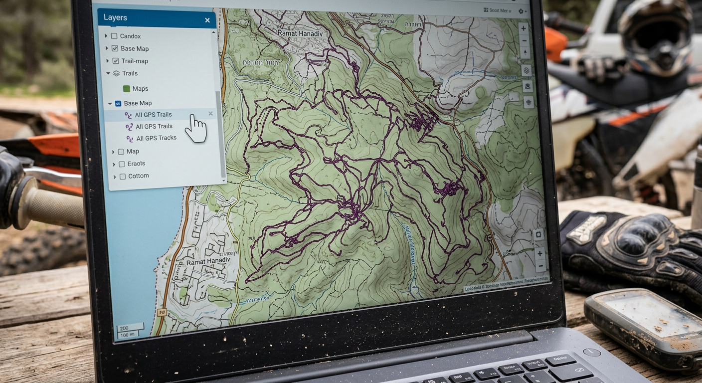 הפעלת שכבת מסלולי GPS ב-Israel Hiking Map כדי לחשוף שבילים נסתרים