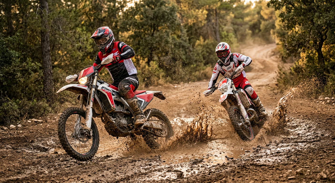שני אופנועי אנדורו, פאנטיק XEF 250 אדום ובטא RR 250 לבן-אדום, חונים זה לצד זה על שביל עפר מול נוף הררי בישראל.
