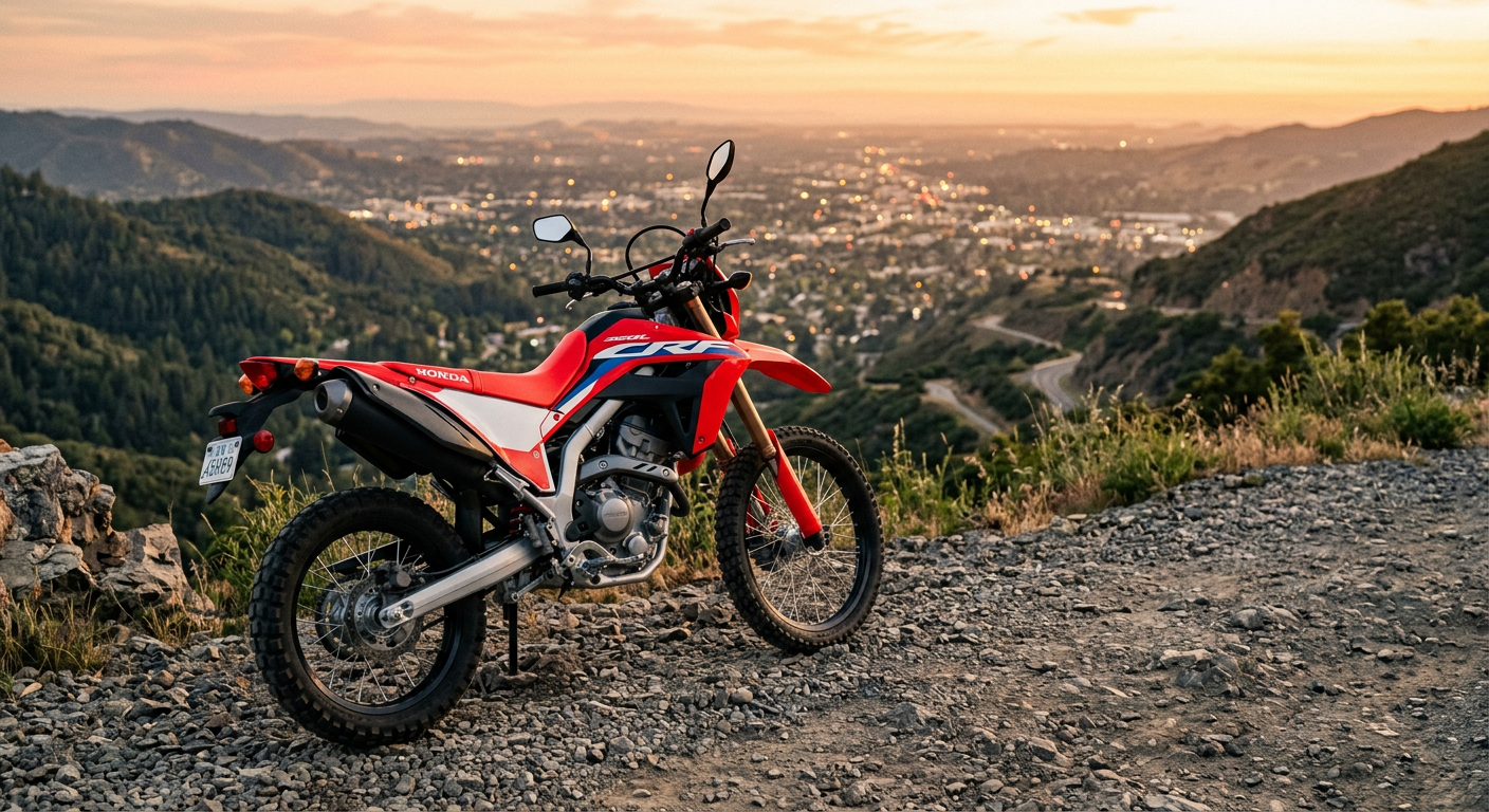 אופנוע הונדה CRF300L חונה על שביל כורכר המשקיף על נוף אורבני