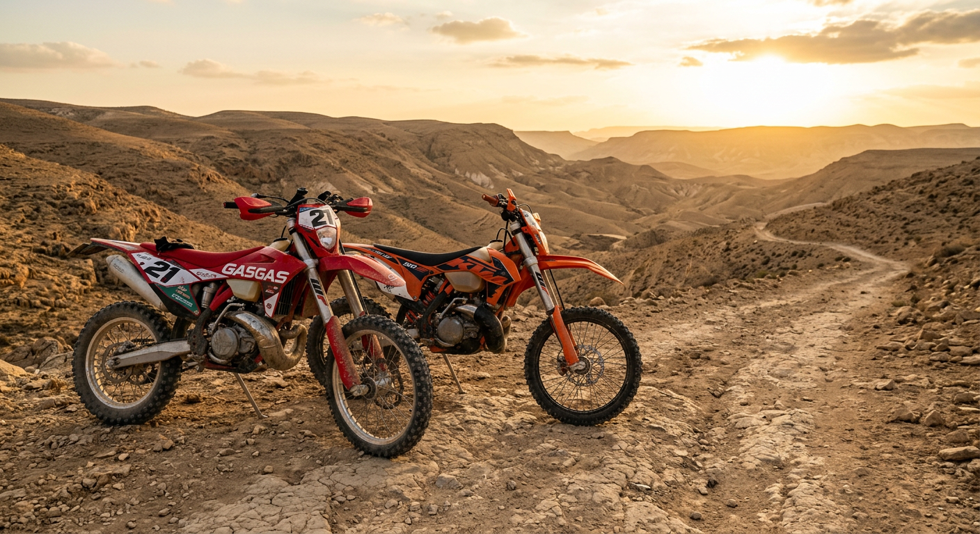 אופנוע גאסגאס EC 300 אדום ואופנוע KTM EXC 300 כתום חונים זה לצד זה על שביל עפר במדבר יהודה