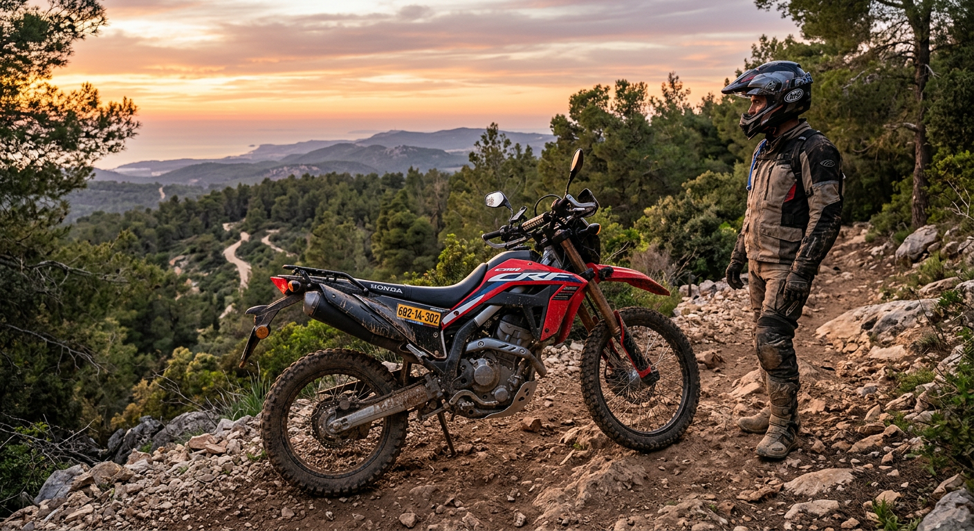 הונדה CRF300L משודרג לאנדורו עומד על סינגל ביערות הכרמל