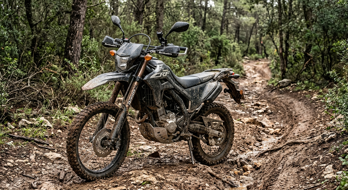הונדה CRF300L משודרג לאנדורו, מכוסה בבוץ, על סינגל טכני ביער בן שמן