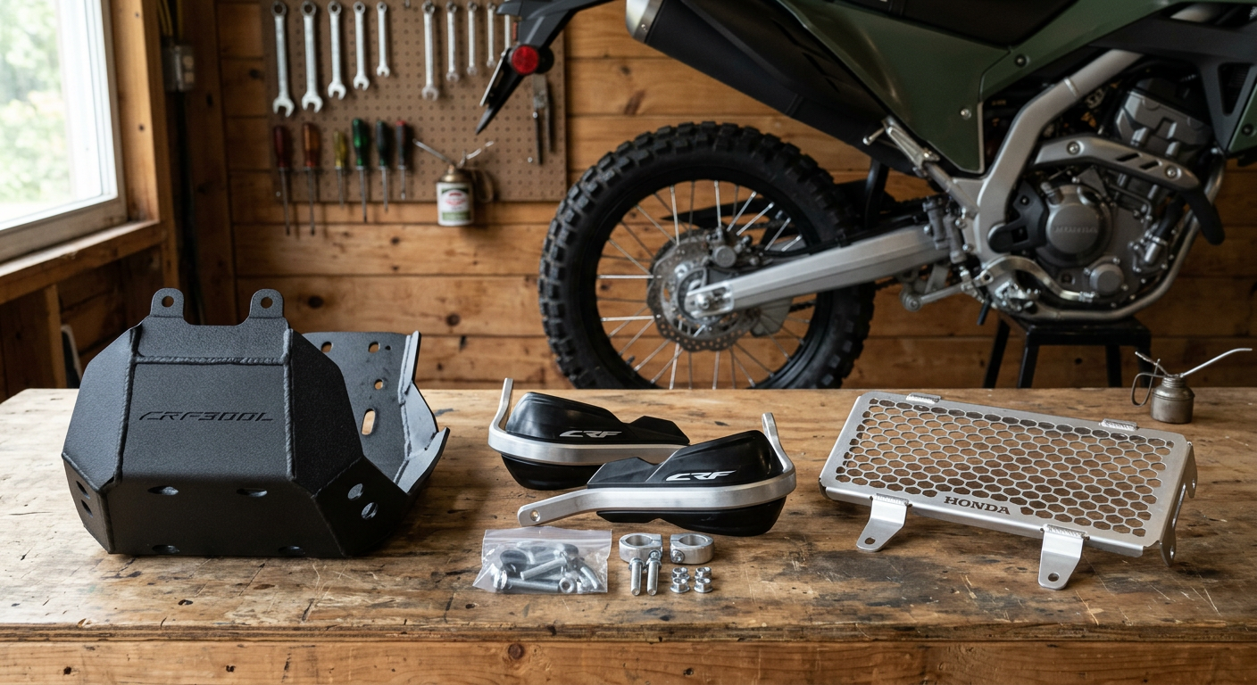 סט מיגונים חיוני להונדה CRF300L: מיגון גחון, מגיני ידיים ומיגון רדיאטור