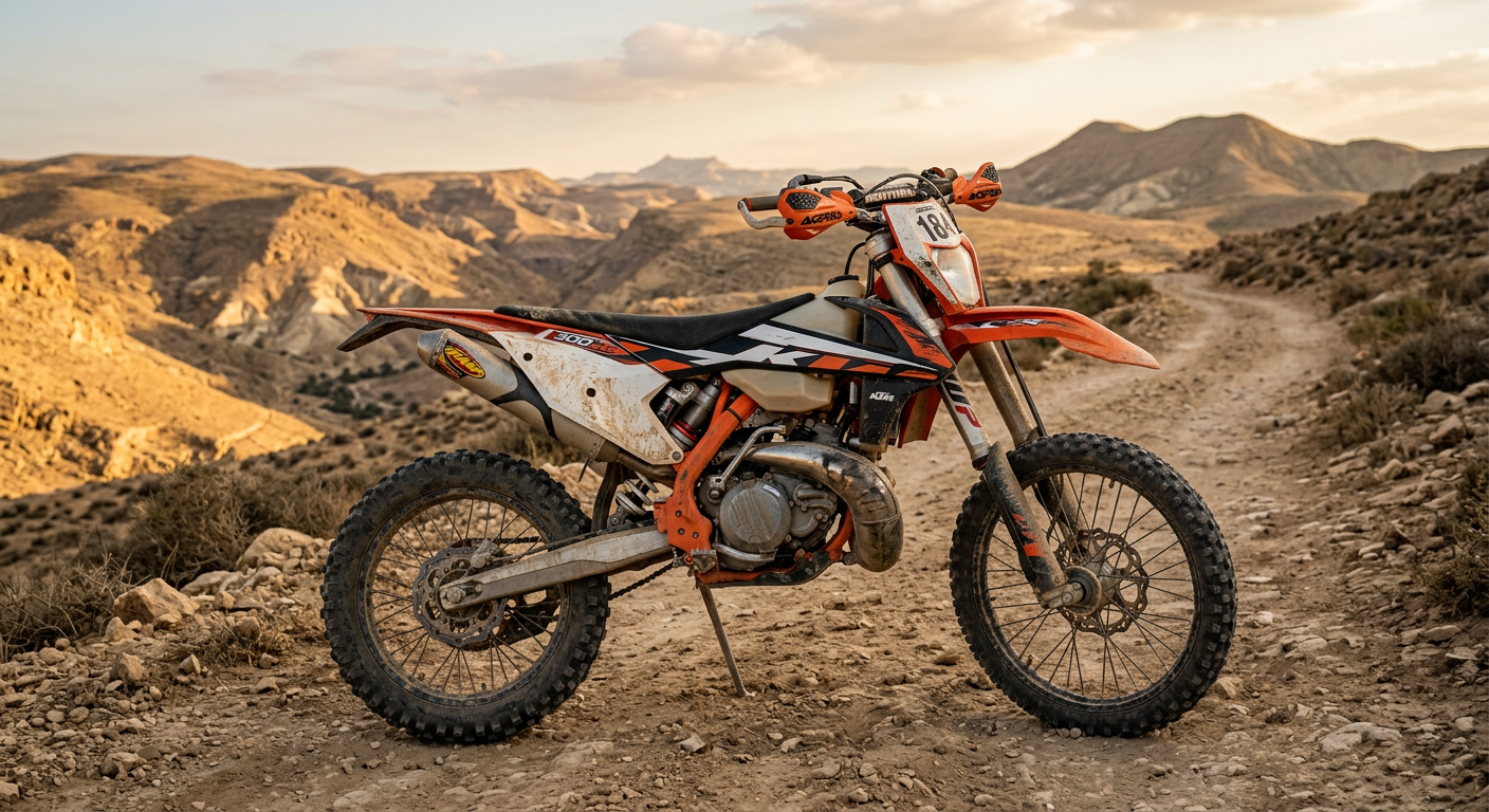 אופנוע KTM EXC 300 משנת 2016 חונה בשביל עפר במדבר יהודה עם השמש השוקעת ברקע