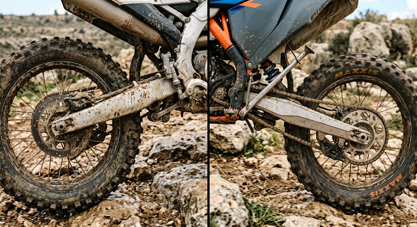 אופנוע אנדורו עם מתלה לינק בצד אחד ואופנוע KTM עם מתלה PDS בצד השני על שביל טכני