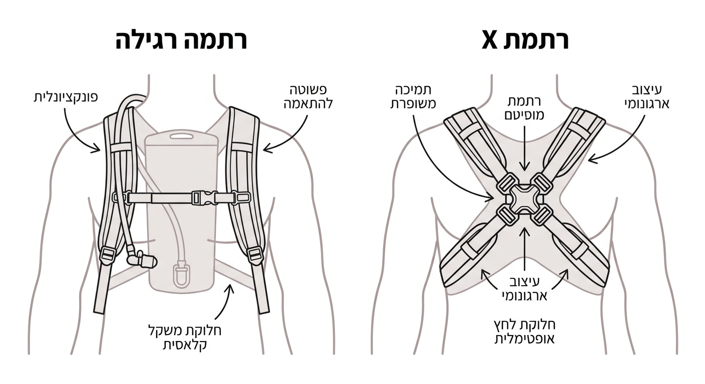 אינפוגרפיקה המשווה בין רתמת H רגילה של תיק שתייה לבין רתמת X של חברת USWE