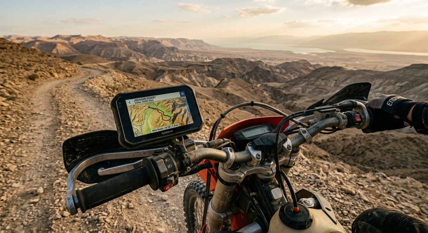 אופנוע אנדורו עם מכשיר GPS על הכידון, חונה על רקע נוף מדברי בישראל בשעת שקיעה