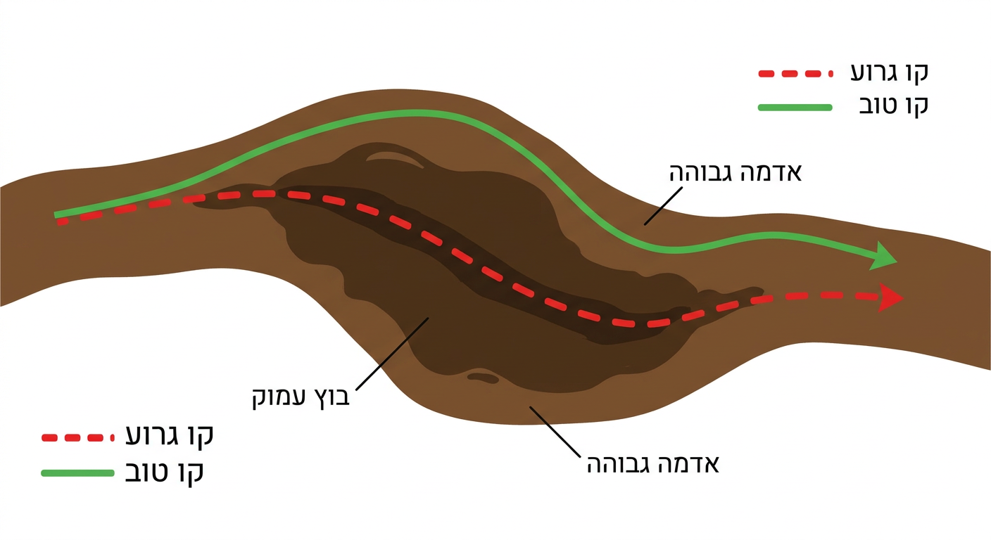 דיאגרמה הממחישה בחירת קו נכון לעומת קו לא נכון במקטע בוצי.