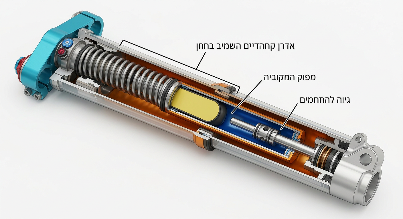 חתך של בולם קדמי מסוג Closed Cartridge, המדגים את הקרטרידג' הפנימי האטום והשלפוחית המפרידה