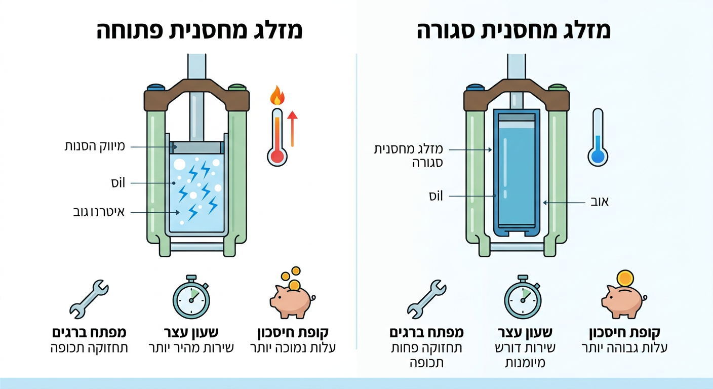 אינפוגרפיקה המשווה תכונות של בולם Open Cartridge לעומת Closed Cartridge
