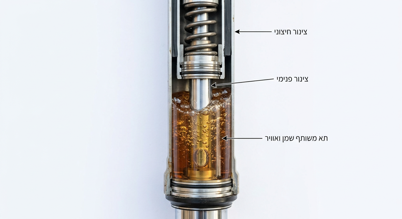 חתך של בולם קדמי מסוג Open Cartridge, המדגים את תא השמן והאוויר המשותף