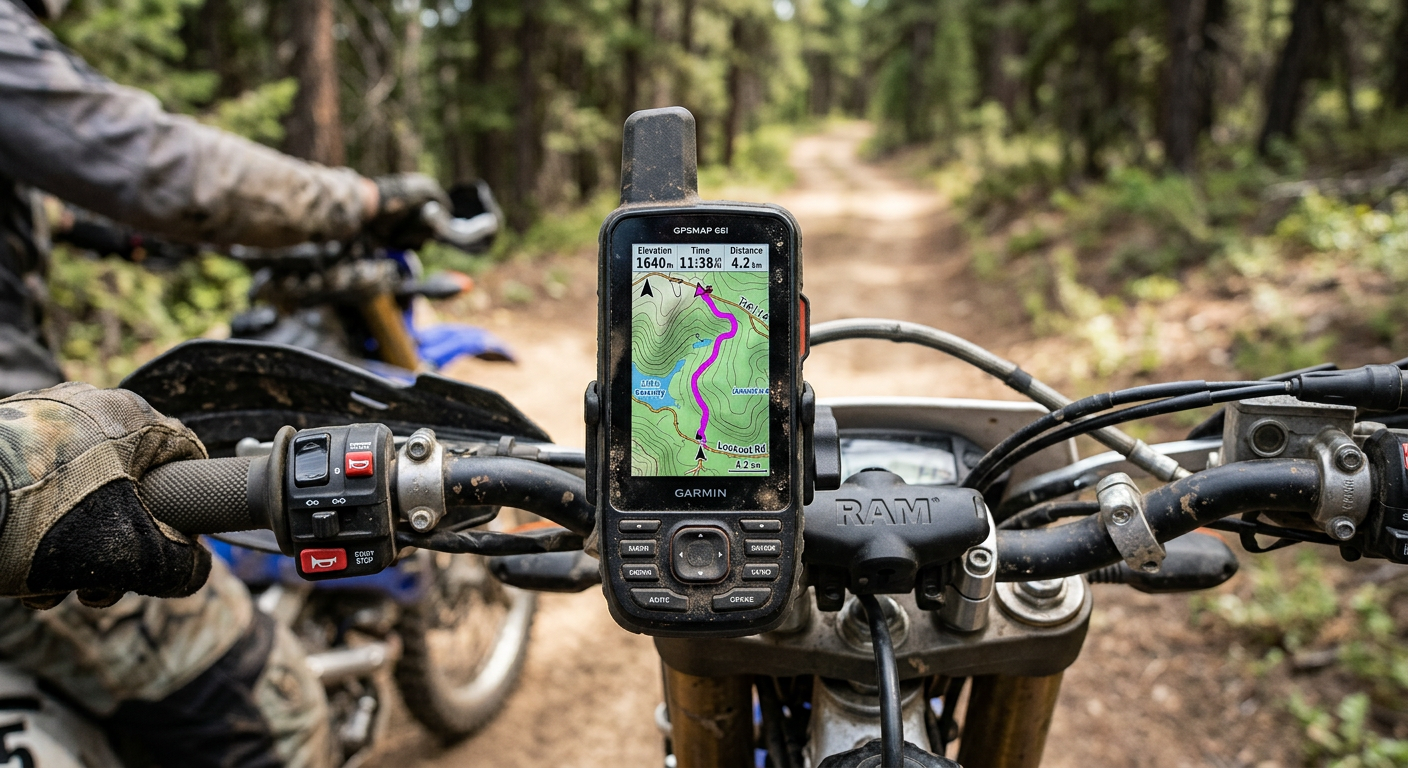 מכשיר ניווט GPS של גרמין מותקן על כידון אופנוע שטח, מציג את מפת המסלול