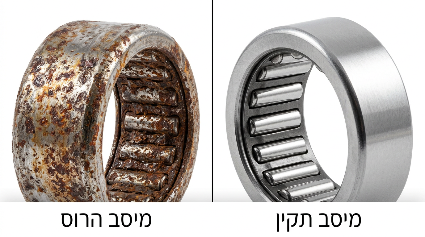 השוואה בין מיסב מחטים חלוד ושחוק לבין מיסב חדש ותקין
