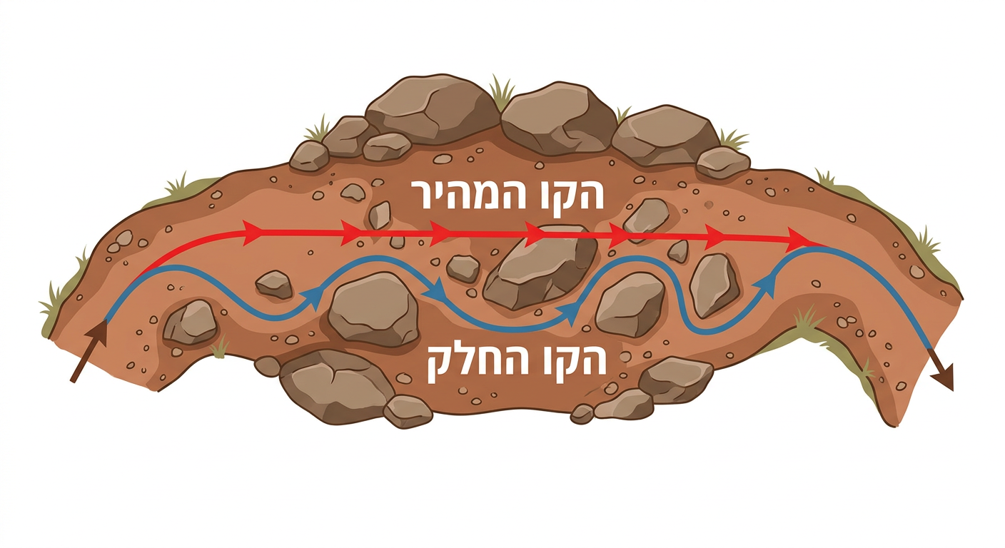 אינפוגרפיקה המדגימה את ההבדל בין הקו המהיר והישיר על פני סלעים, לבין הקו החלק והזורם שעוקף אותם