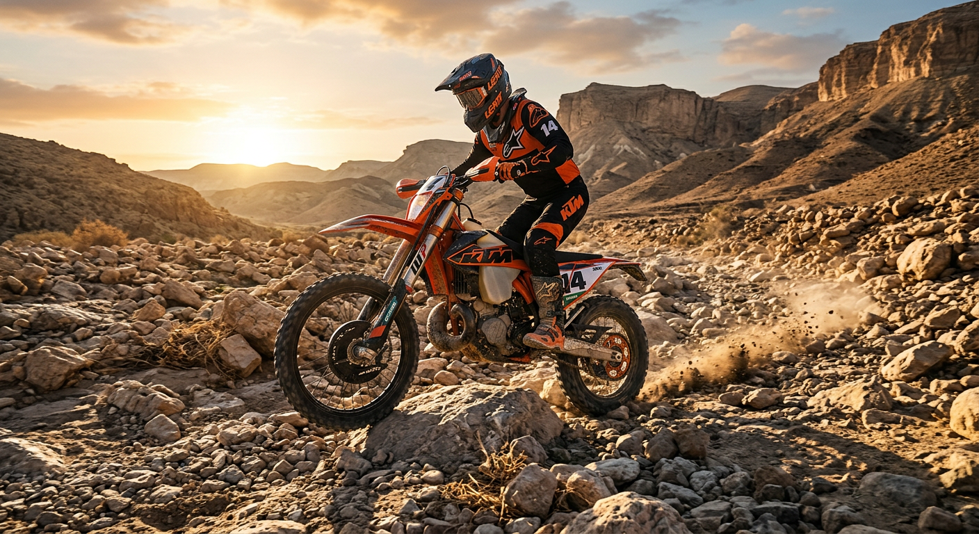 רוכב אנדורו על אופנוע KTM מטפס על סלעים בנחל ישראלי