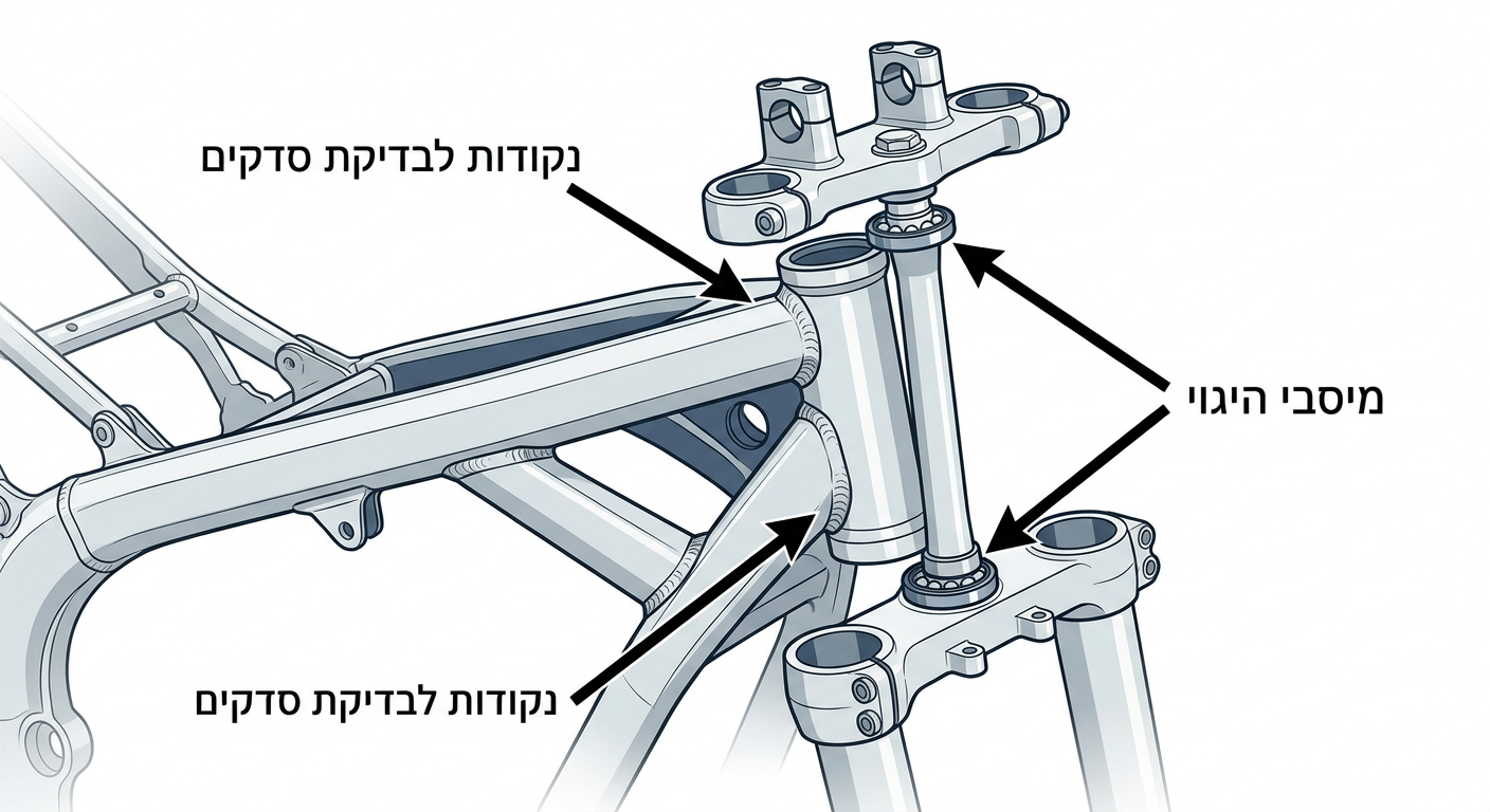 אינפוגרפיקה המדגימה היכן לחפש סדקים בשלדת אופנוע, באזור צוואר ההיגוי ומיסבי ההיגוי.