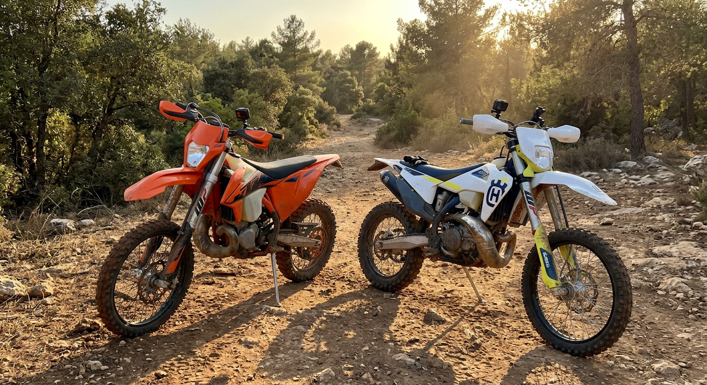 אופנוע KTM EXC 300 TPI והוסקוורנה TE 300i חונים זה לצד זה על שביל אנדורו מאובק ביער בן שמן